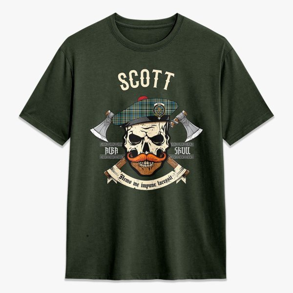 Scott Green Ancient Tartan Crest 2D T-shirt - Alba Skull Style For Discount - Image 5