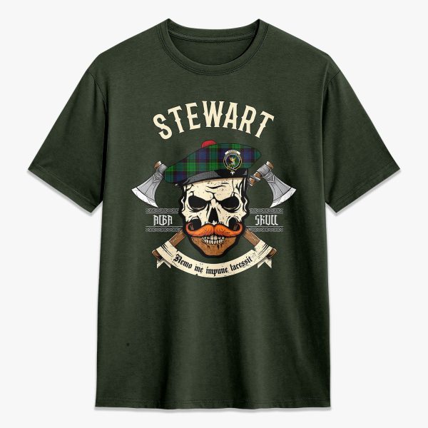 Stewart Old Modern Tartan Crest 2D T-shirt - Alba Skull Style on Sale - Image 5