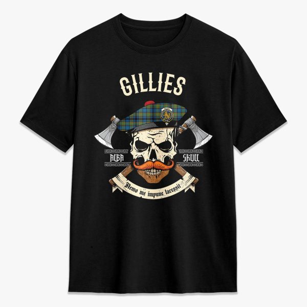 Gillies Ancient Tartan Crest 2D T-shirt - Alba Skull Style Cheap