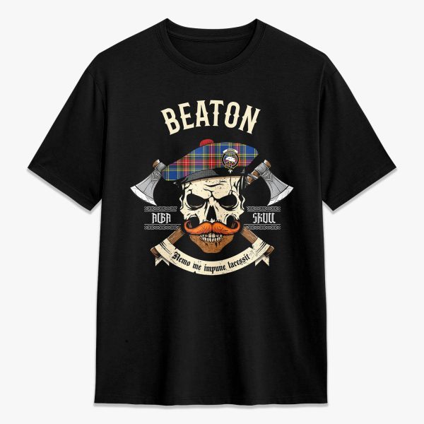Beaton Modern Tartan Crest 2D T-shirt - Alba Skull Style Online now