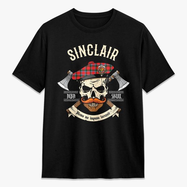 Sinclair Modern Tartan Crest 2D T-shirt - Alba Skull Style Cheap