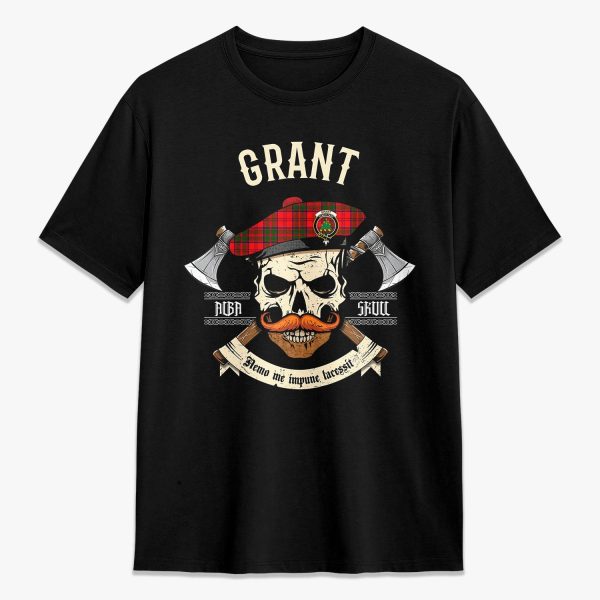 Grant Modern Tartan Crest 2D T-shirt - Alba Skull Style For Cheap
