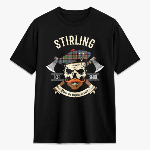 Stirling (of Cadder-Present Chief) Tartan Crest 2D T-shirt - Alba Skull Style For Discount