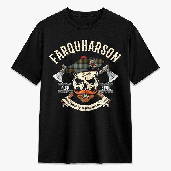 Farquharson Weathered Tartan Crest 2D T-shirt - Alba Skull Style For Cheap